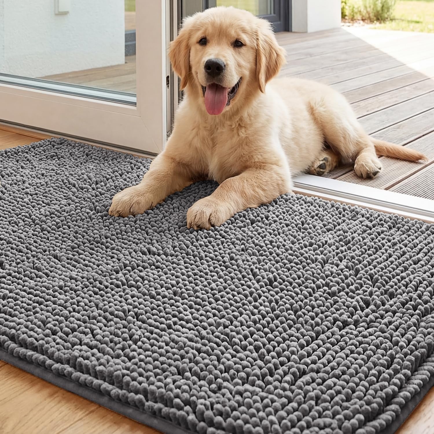 Golden retriever resting beside a gray chenille entryway mat for muddy paws