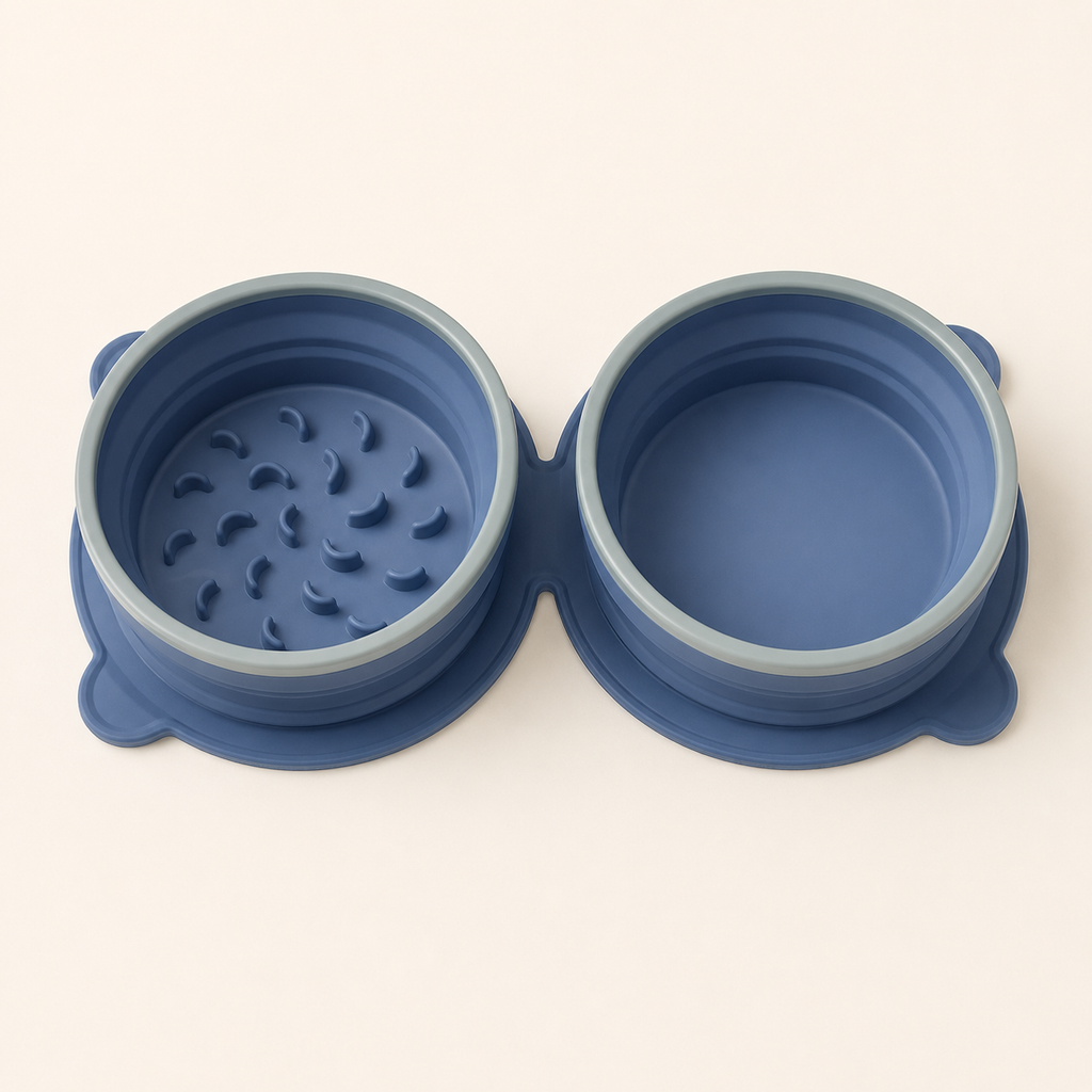 Dark blue foldable double dog bowl with slow-feeder section