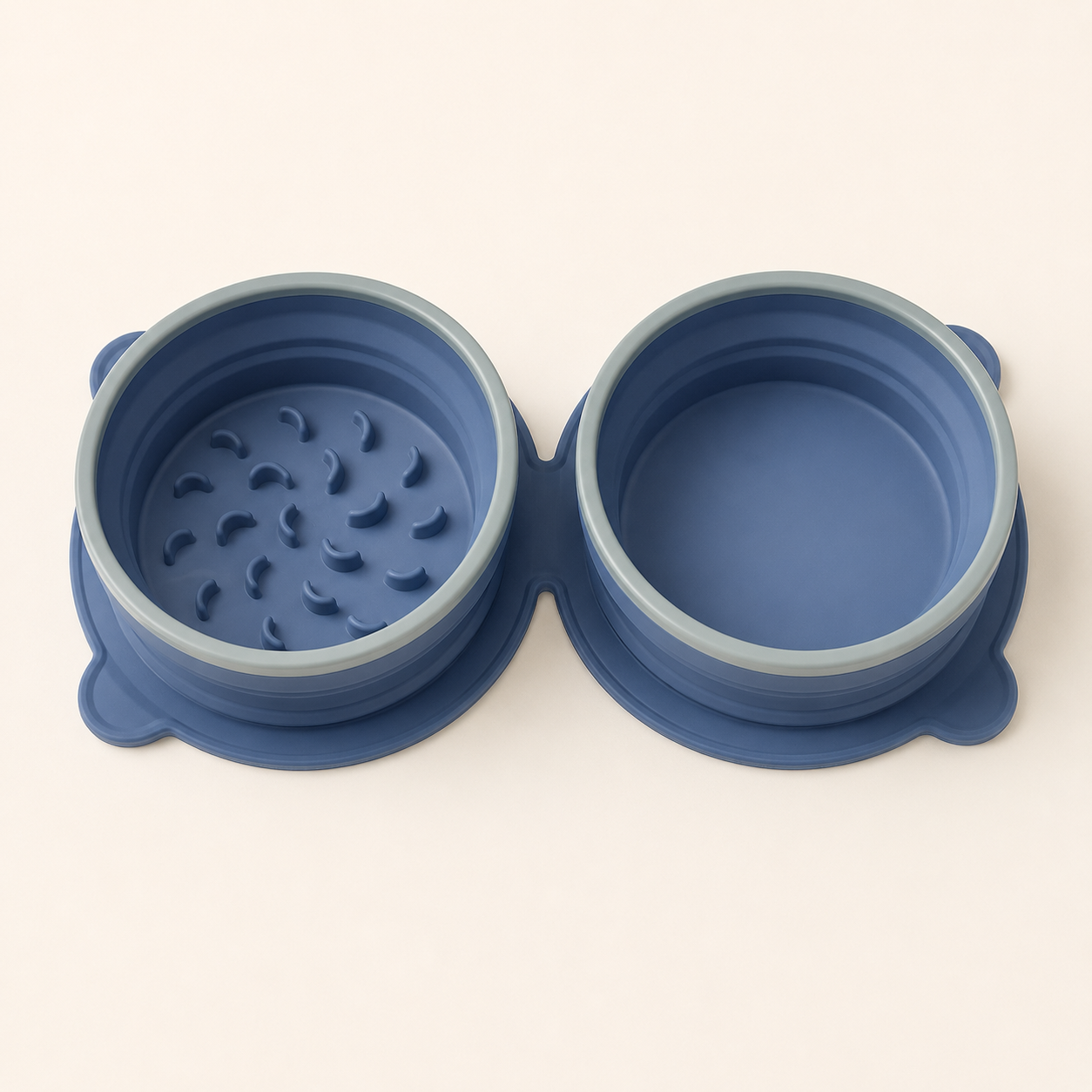 Dark blue foldable double dog bowl with slow-feeder section