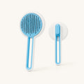 Blue reusable pet hair remover grooming comb shown from front and back