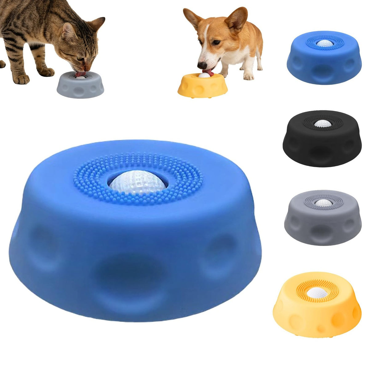 Rolling-ball lick bowl for dogs and cats shown in blue black grey and yellow