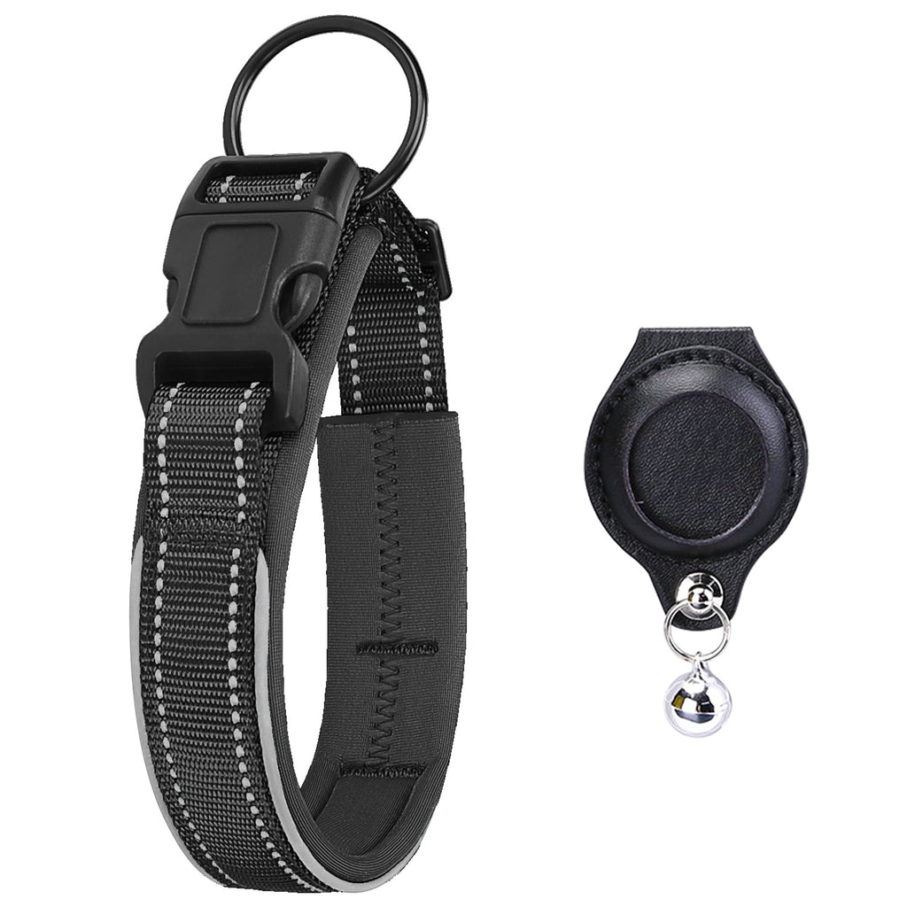 Black reflective pet collar with one matching AirTag holder; Apple AirTag not included