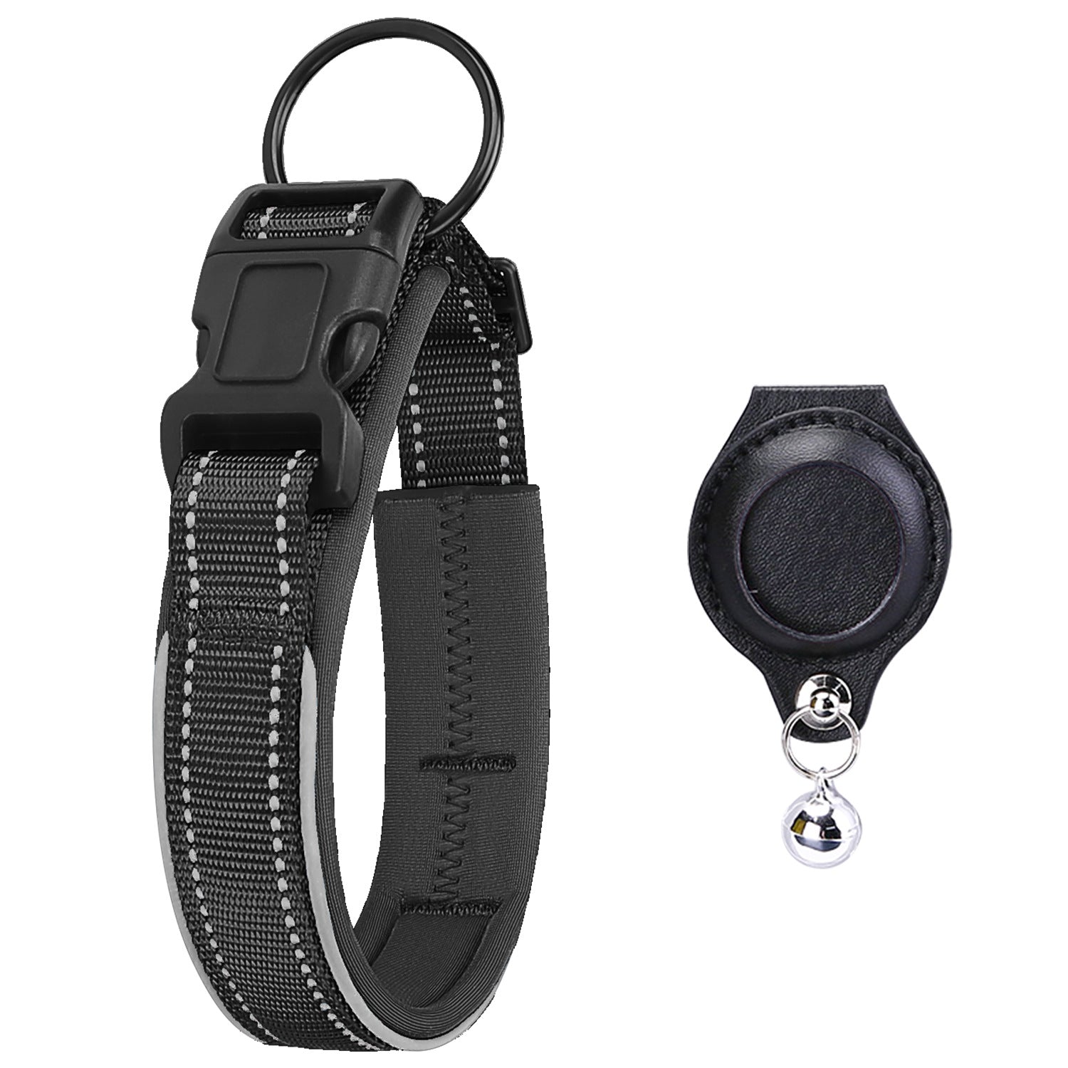 Black reflective pet collar with one matching AirTag holder; Apple AirTag not included
