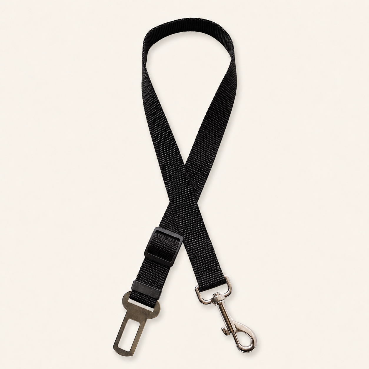 Black adjustable pet car seat belt tether with metal buckle and swivel clip