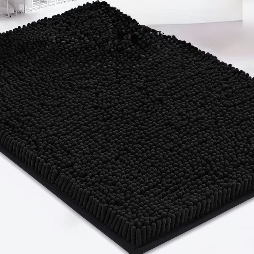 Black chenille dog door mat with dense absorbent pile