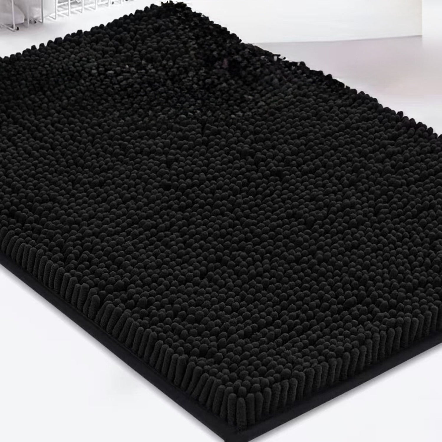 Black chenille dog door mat with dense absorbent pile
