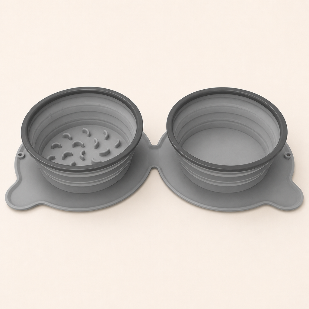 Gray foldable double dog bowl with slow-feeder section