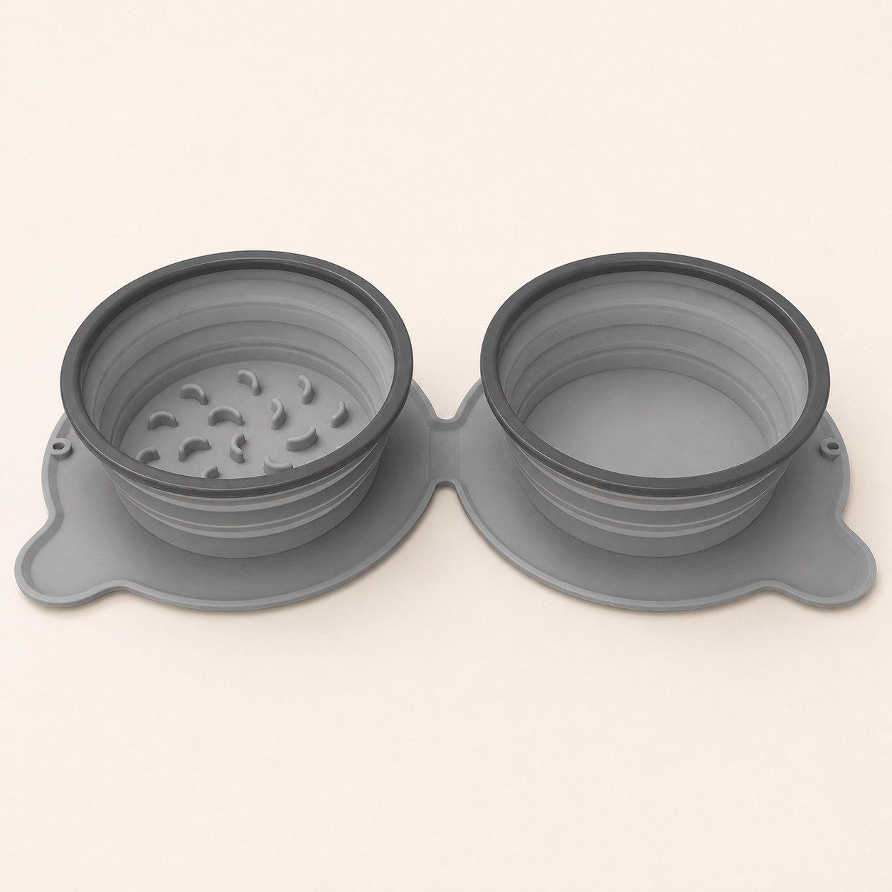 Gray foldable double dog bowl with slow-feeder section