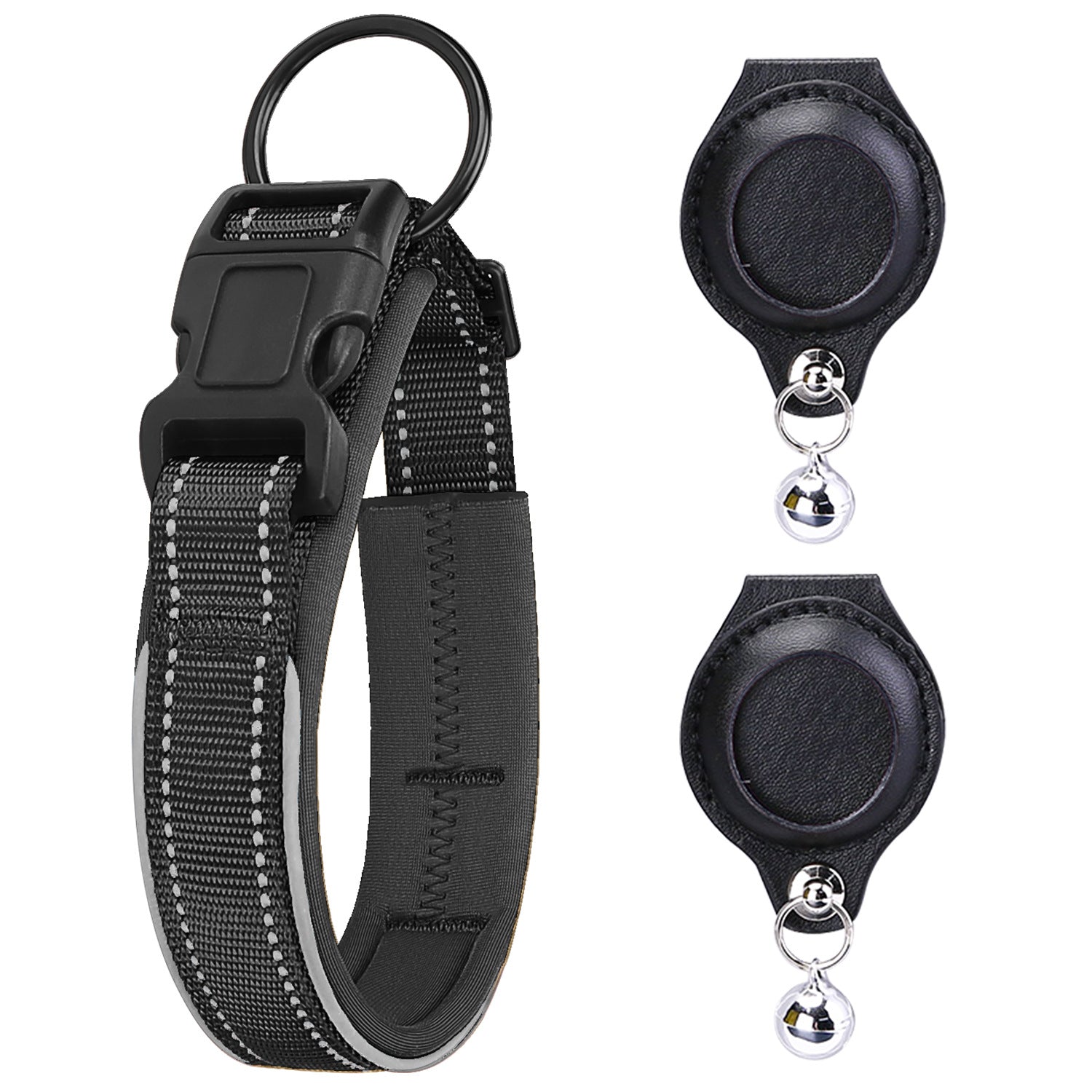 Black reflective pet collar with two matching AirTag holders; Apple AirTag not included