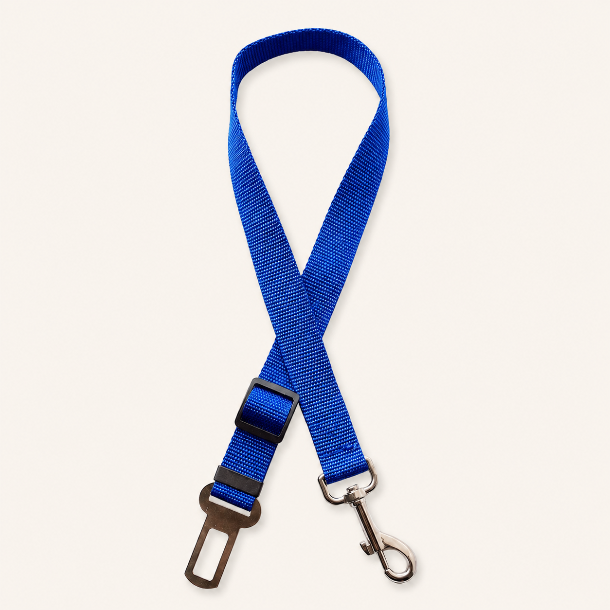 Blue adjustable pet car seat belt tether with metal buckle and swivel clip