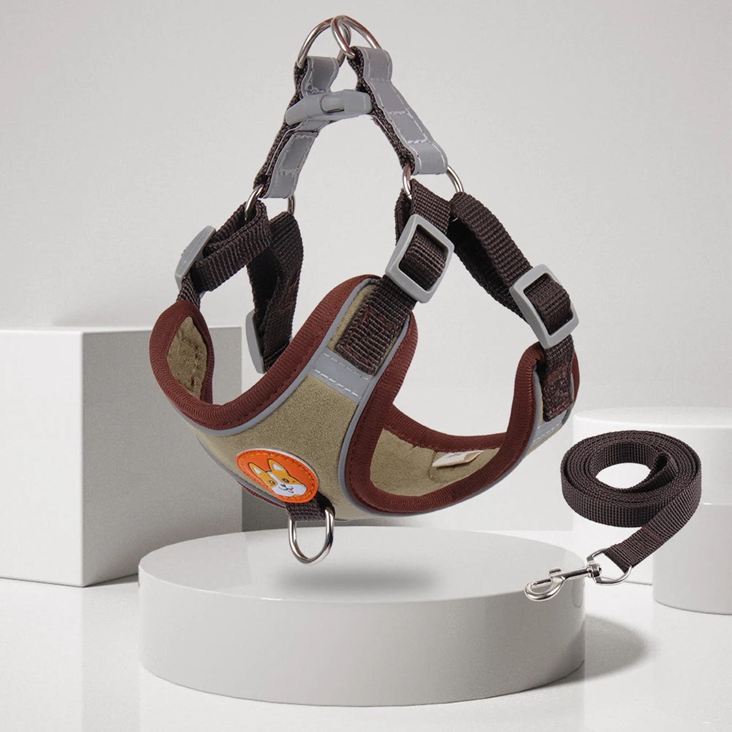Coffee colour adjustable dog harness and leash set