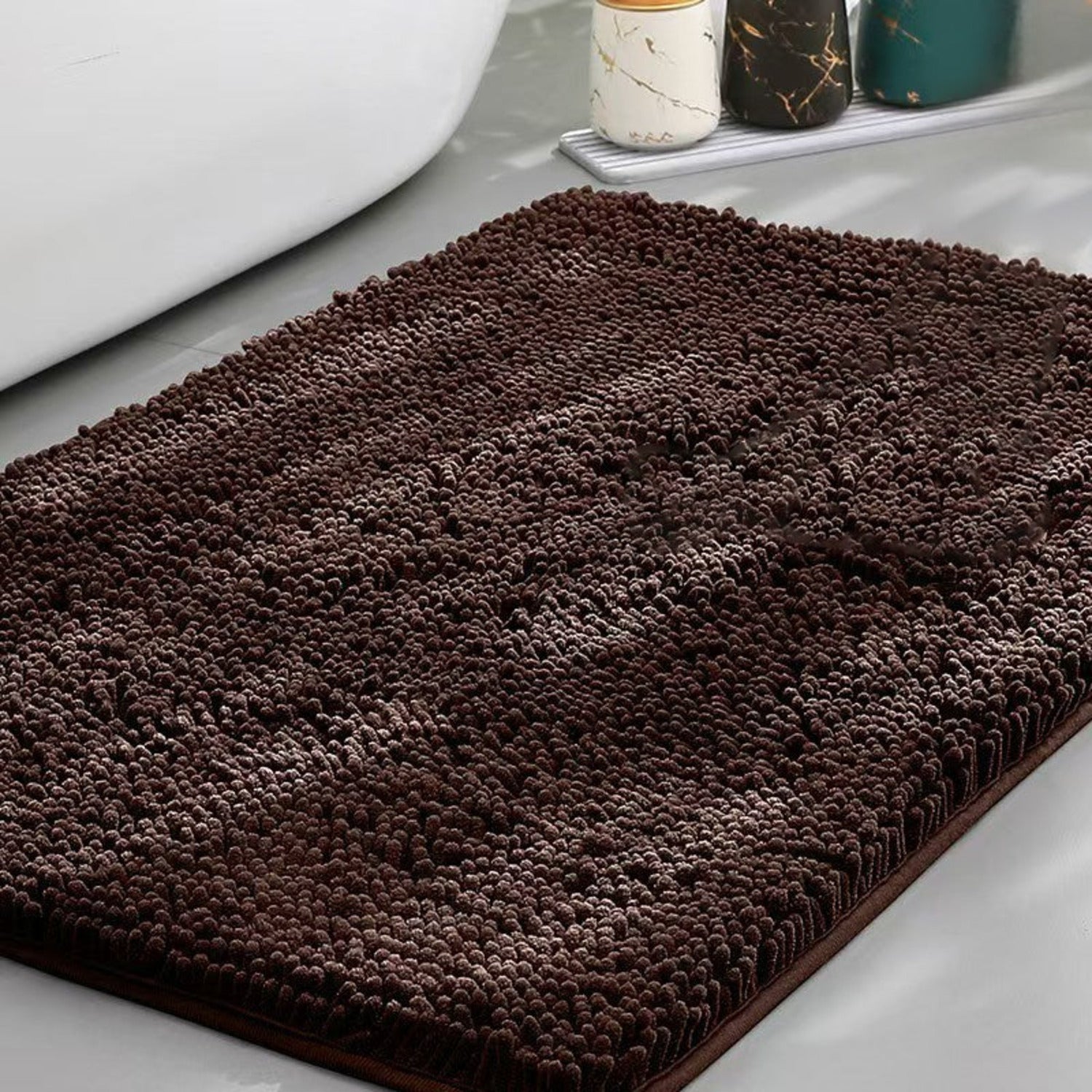 Coffee gray chenille dog door mat with dense absorbent pile