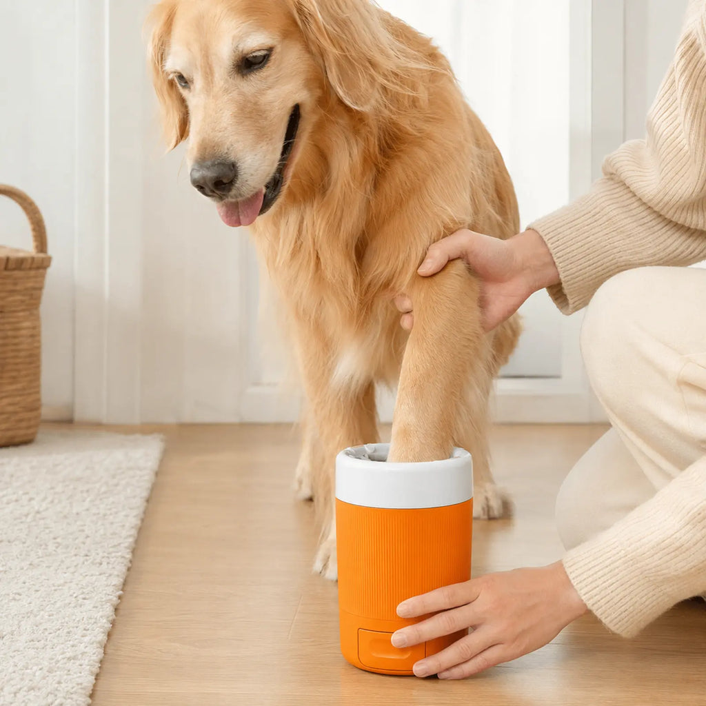 Orange dog paw cleaner cup used to clean a golden retriever paw