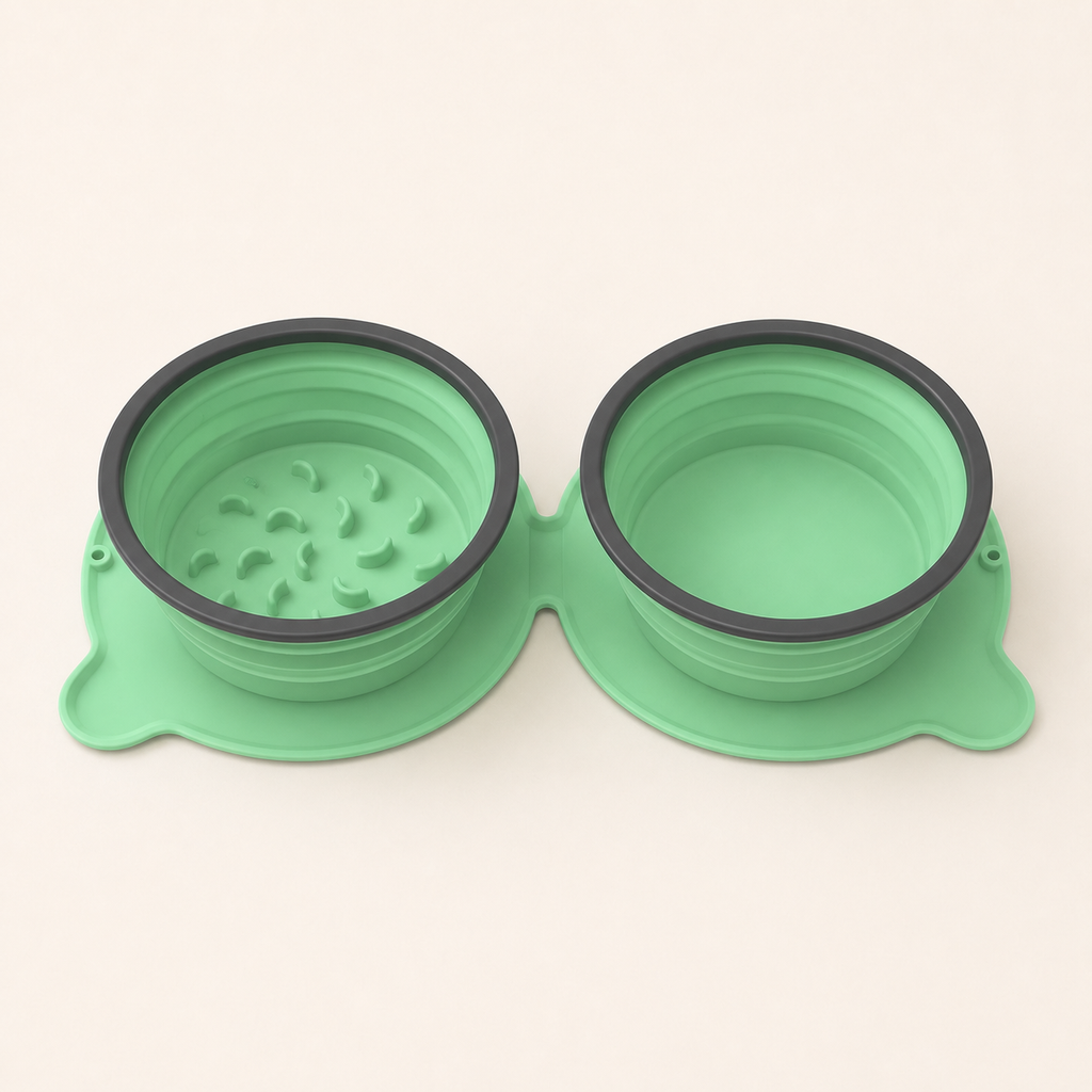 Green foldable double dog bowl with slow-feeder section