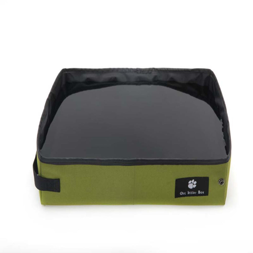 Green travel cat litter box with dark interior liner