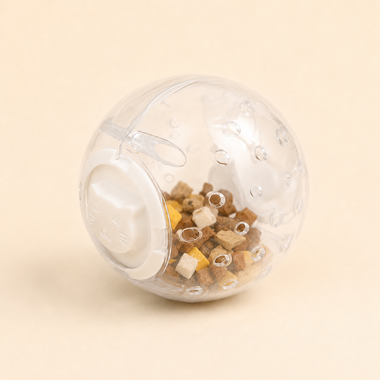 White interactive pet treat tumbler toy with mixed treat pieces