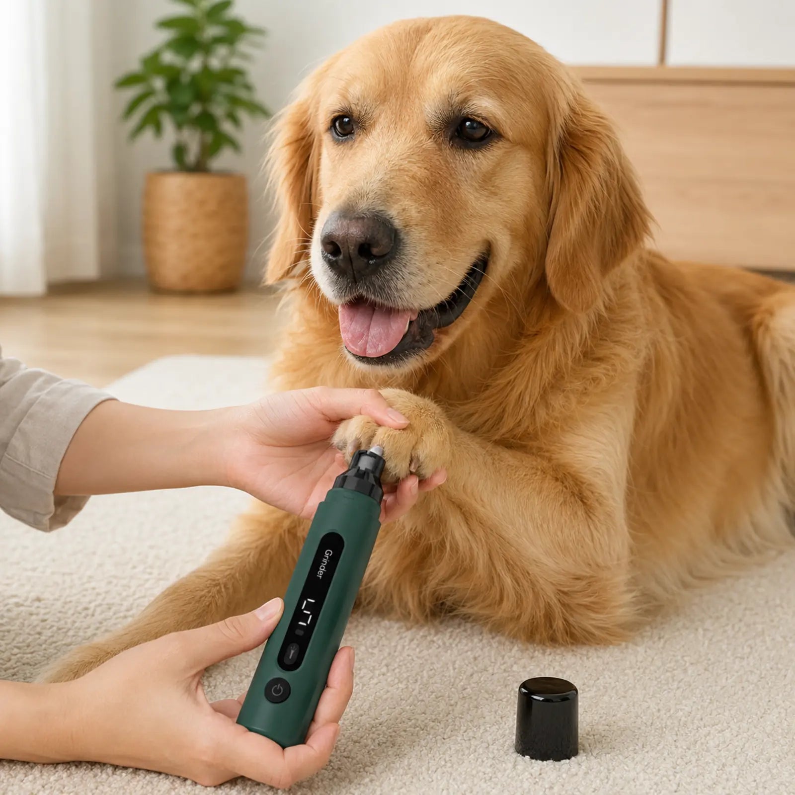 Quiet rechargeable pet nail grinder used gently on a golden retriever paw