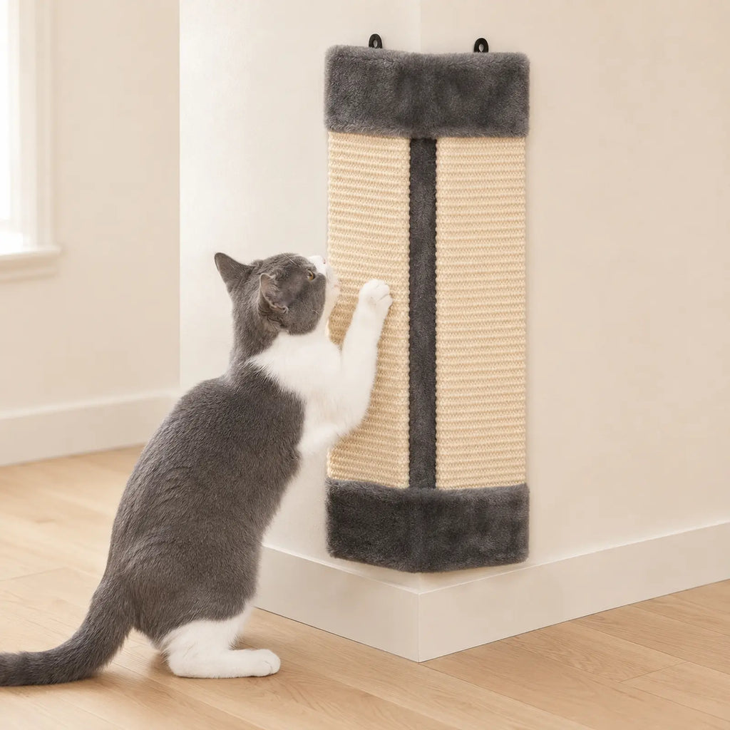 Grey sisal corner scratching post used naturally by a cat