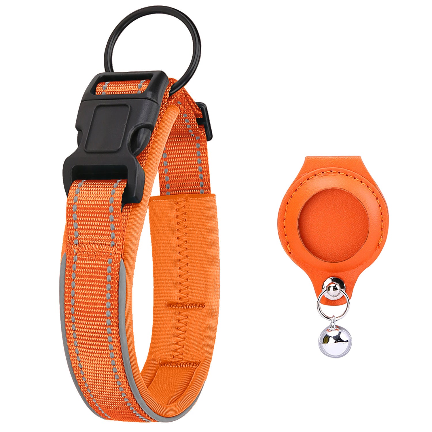 Orange reflective pet collar with one matching AirTag holder; Apple AirTag not included