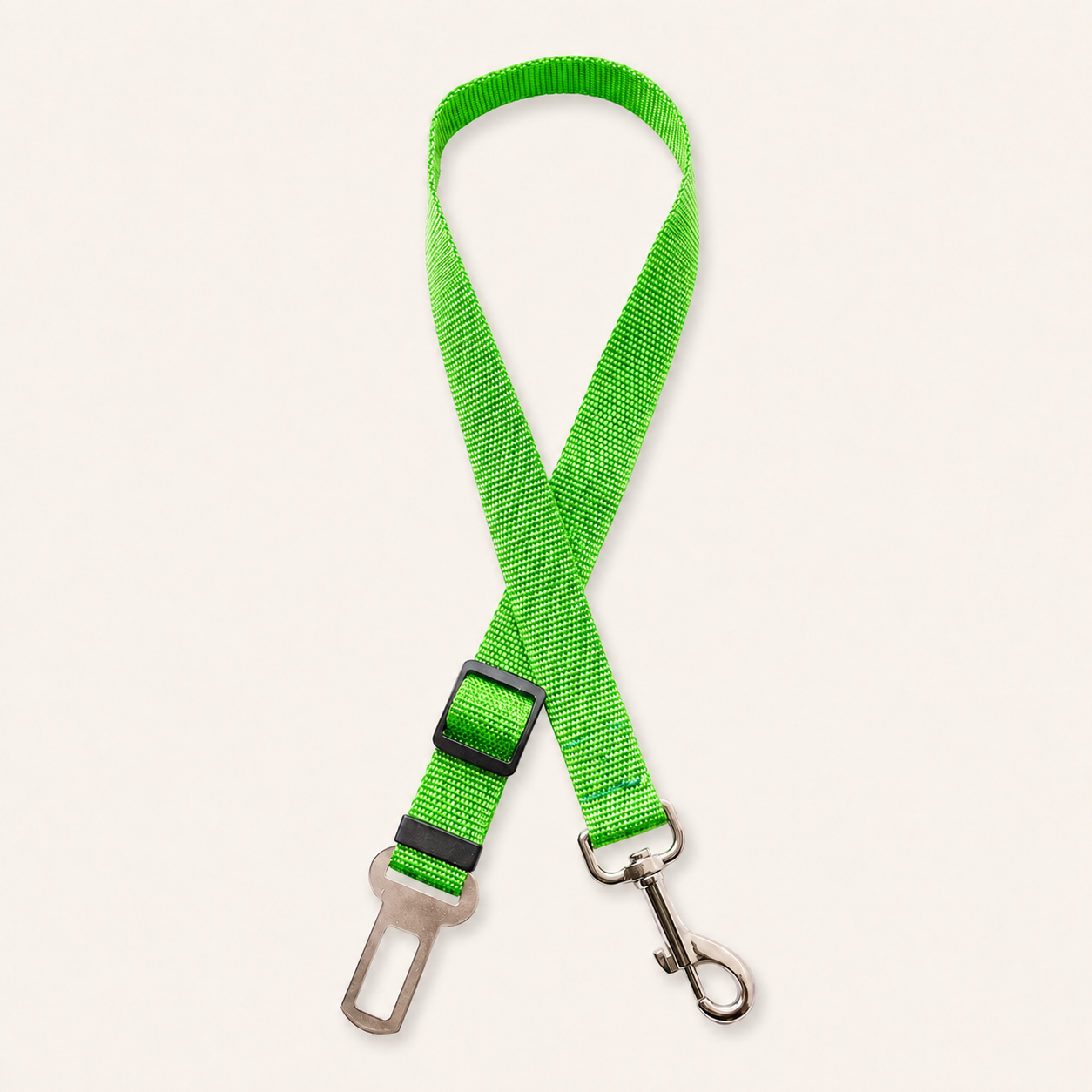 Green adjustable pet car seat belt tether with metal buckle and swivel clip