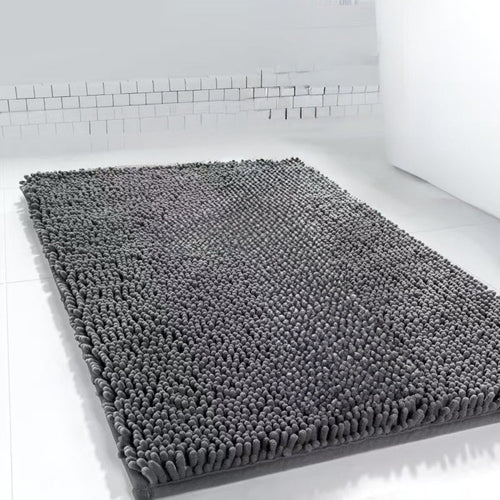 Dark gray chenille dog door mat with dense absorbent pile