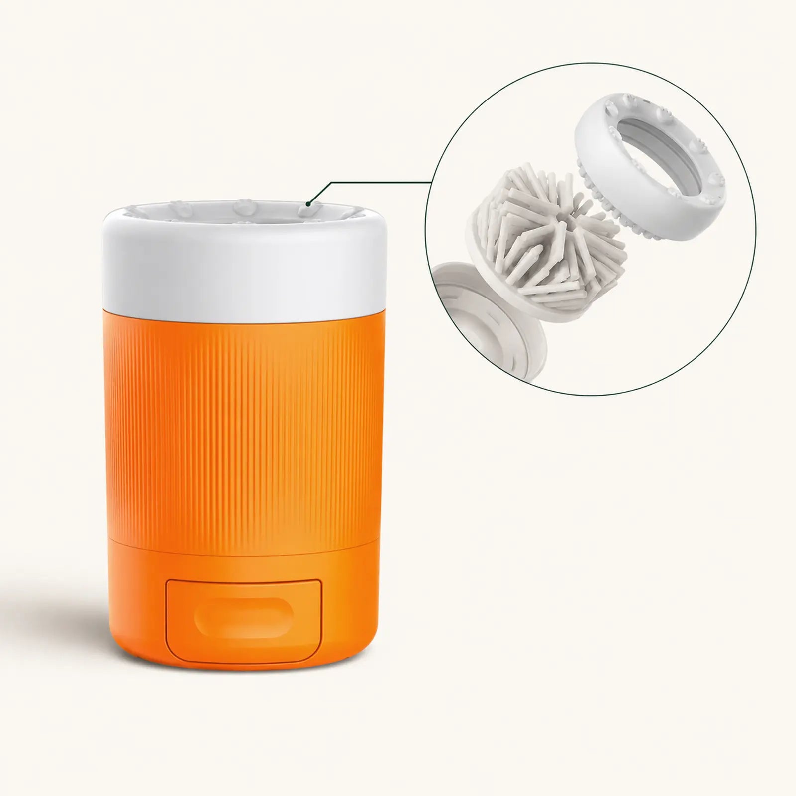 Orange dog paw cleaner cup with close-up of removable cleaning brush insert