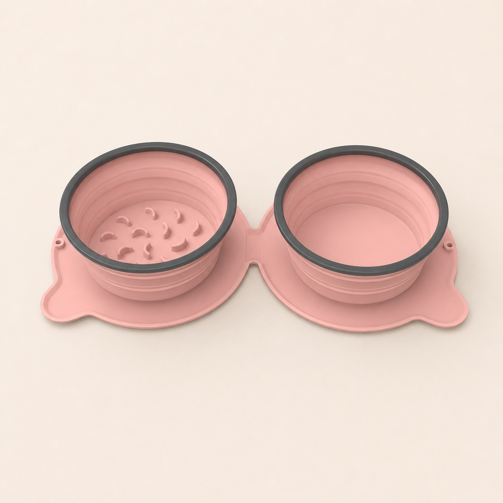 Pink foldable double dog bowl with slow-feeder section