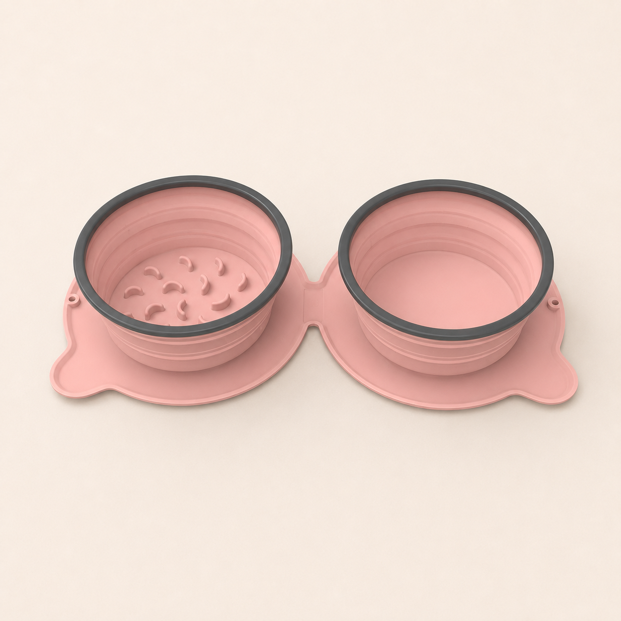 Pink foldable double dog bowl with slow-feeder section
