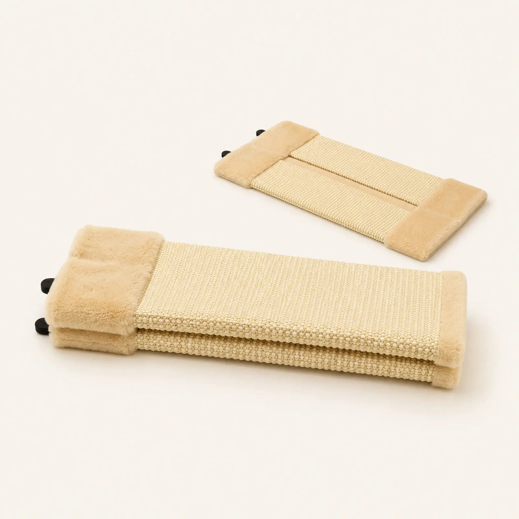 Beige sisal cat scratching post shown open and folded flat for storage