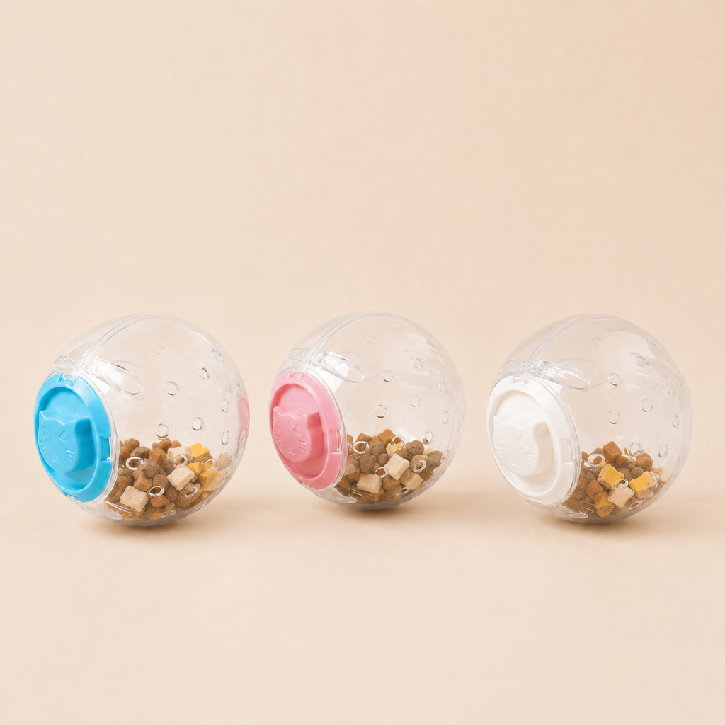 Interactive pet treat tumbler toy in blue pink and white