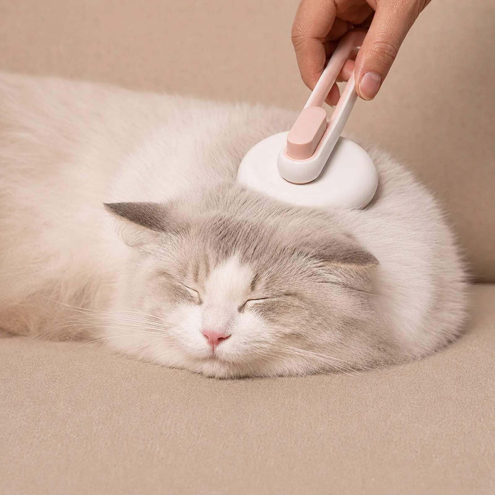 Pink pet hair remover grooming comb used gently through a relaxed cat's coat