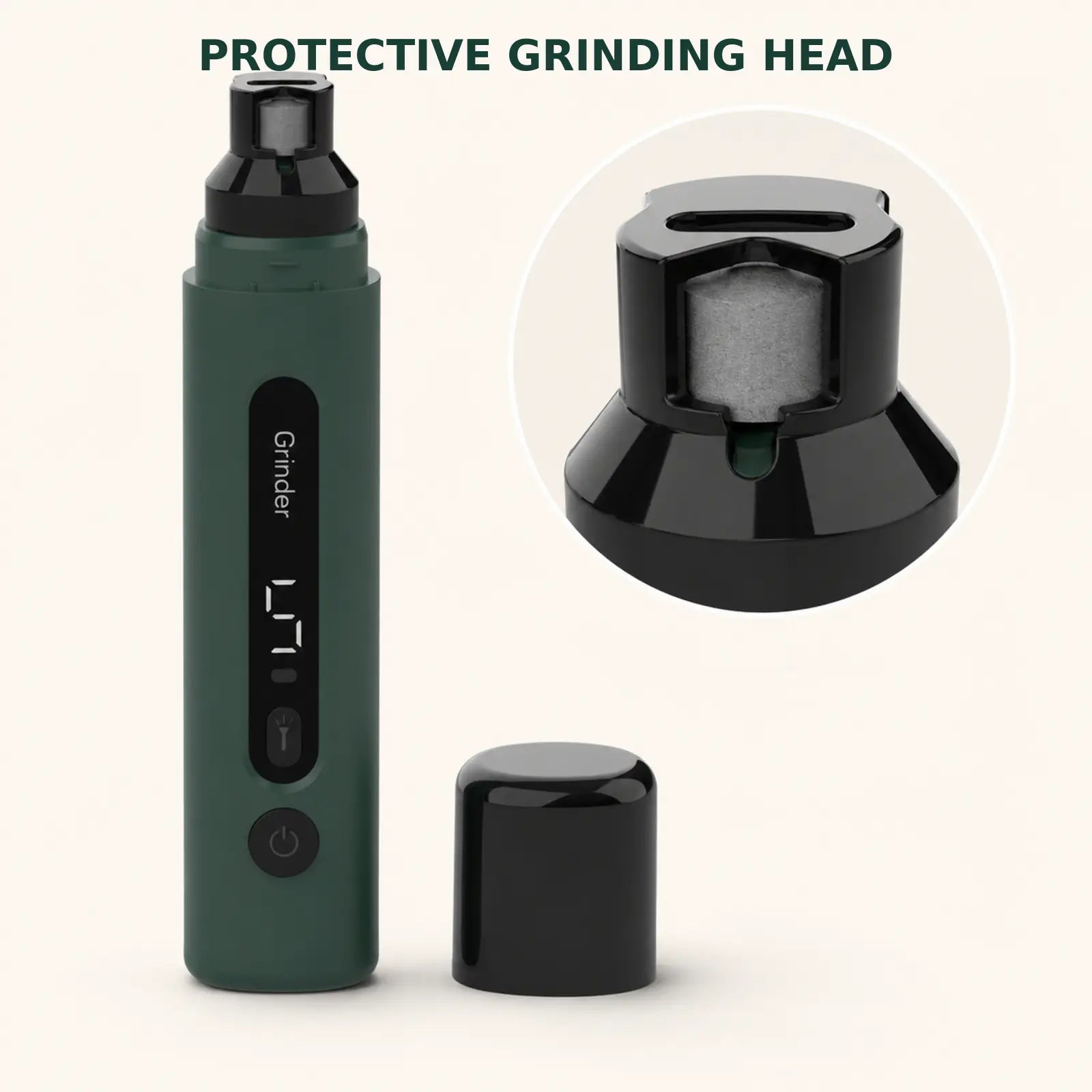 Deep green pet nail grinder with close-up of the protective grinding head