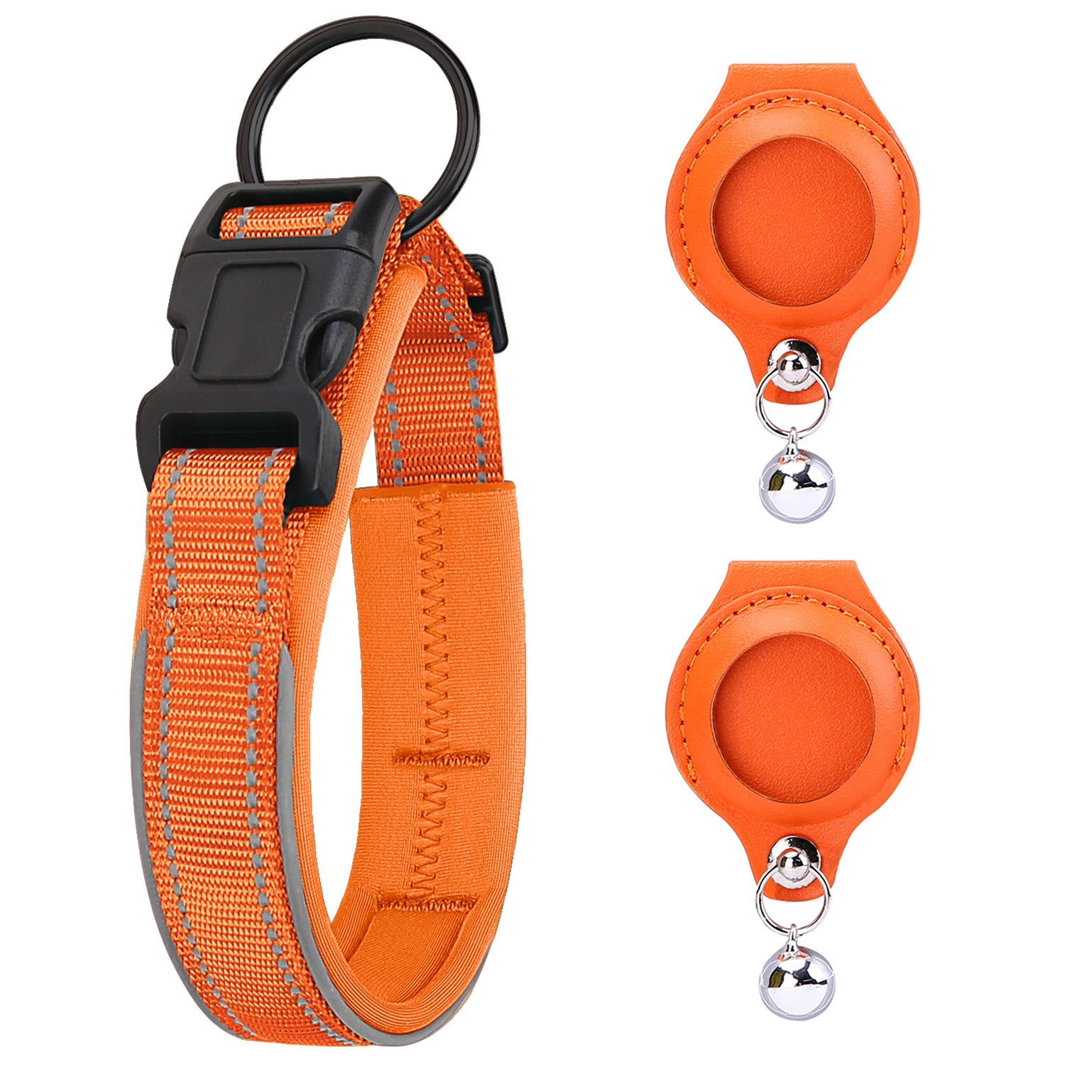 Orange reflective pet collar with two matching AirTag holders; Apple AirTag not included
