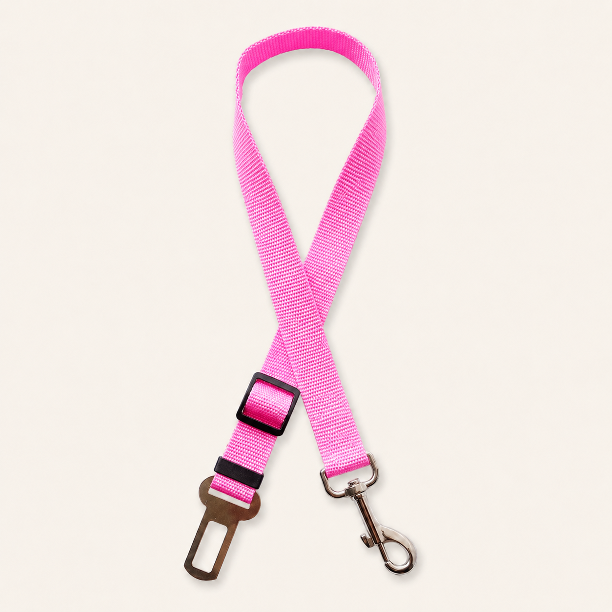 Pink adjustable pet car seat belt tether with metal buckle and swivel clip