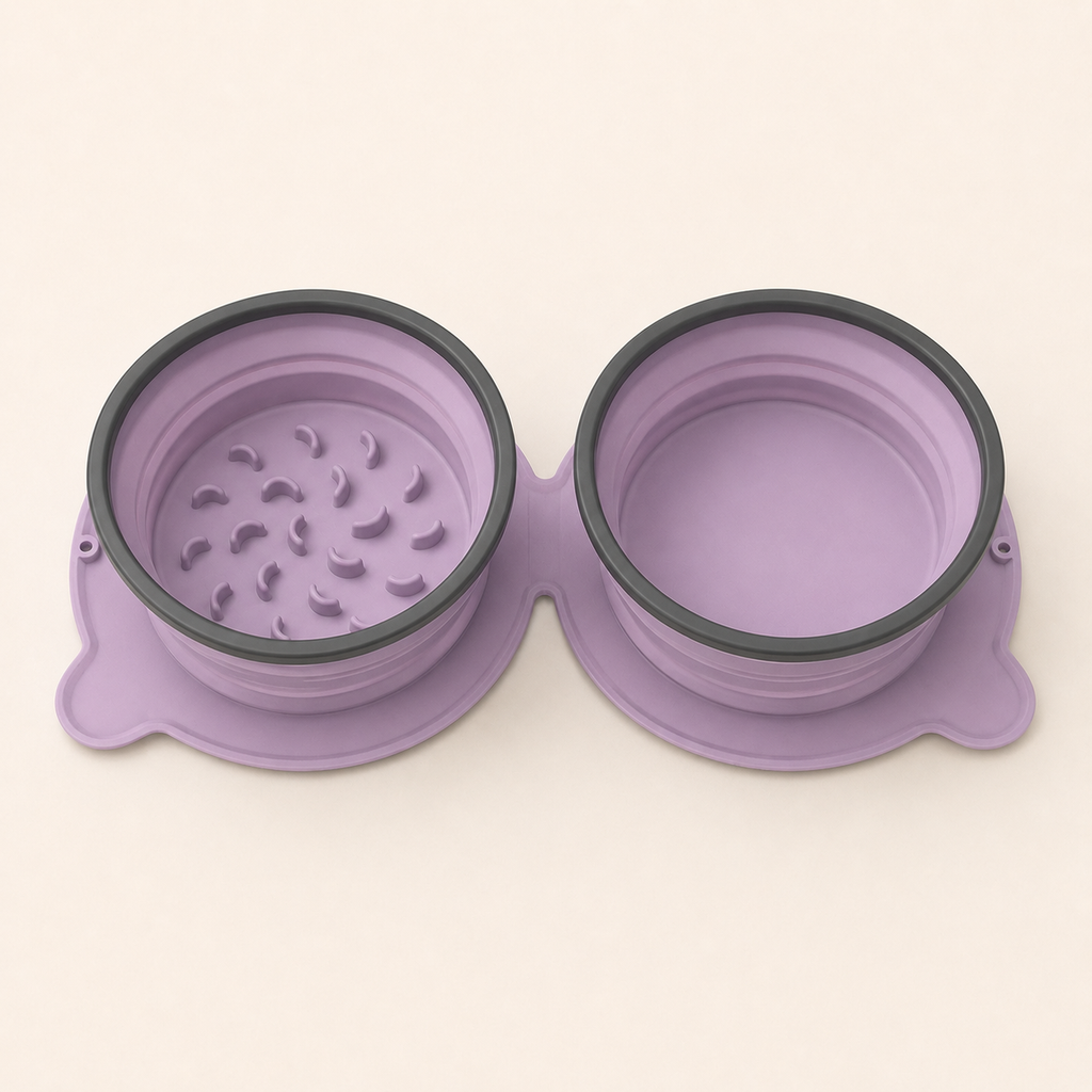 Purple foldable double dog bowl with slow-feeder section