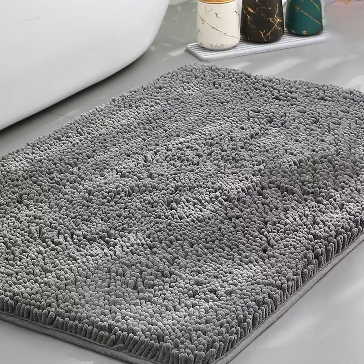 Gray chenille dog door mat with dense absorbent pile