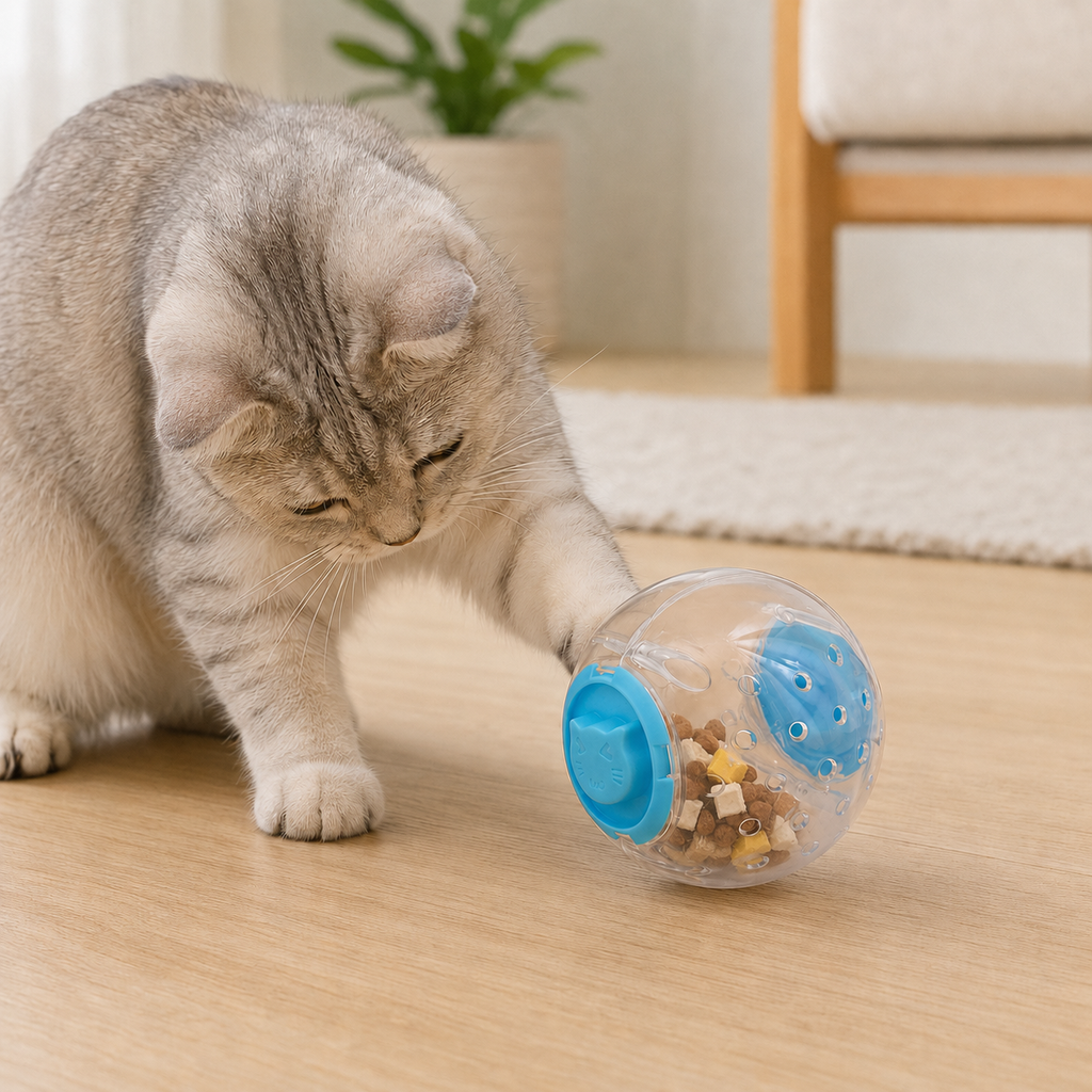 Cat interacting with an interactive pet treat tumbler toy