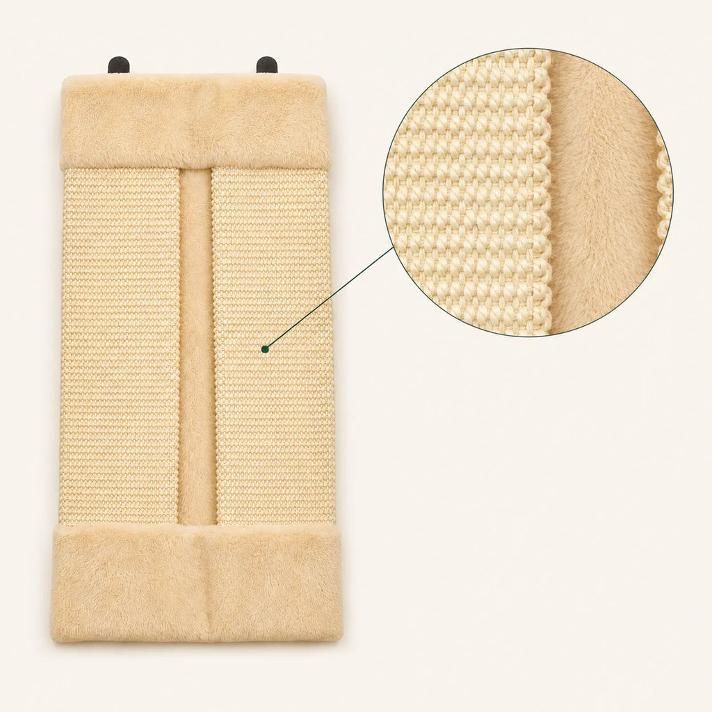 Beige cat scratching post with close-up of natural sisal texture