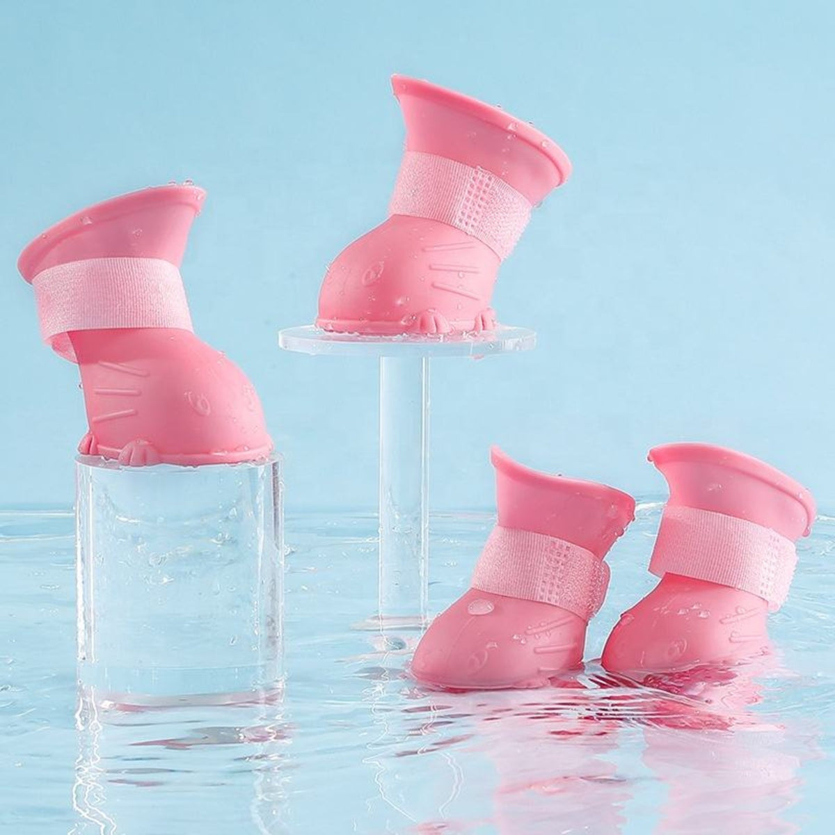 Pink silicone dog boots set of four with hook-and-loop bands