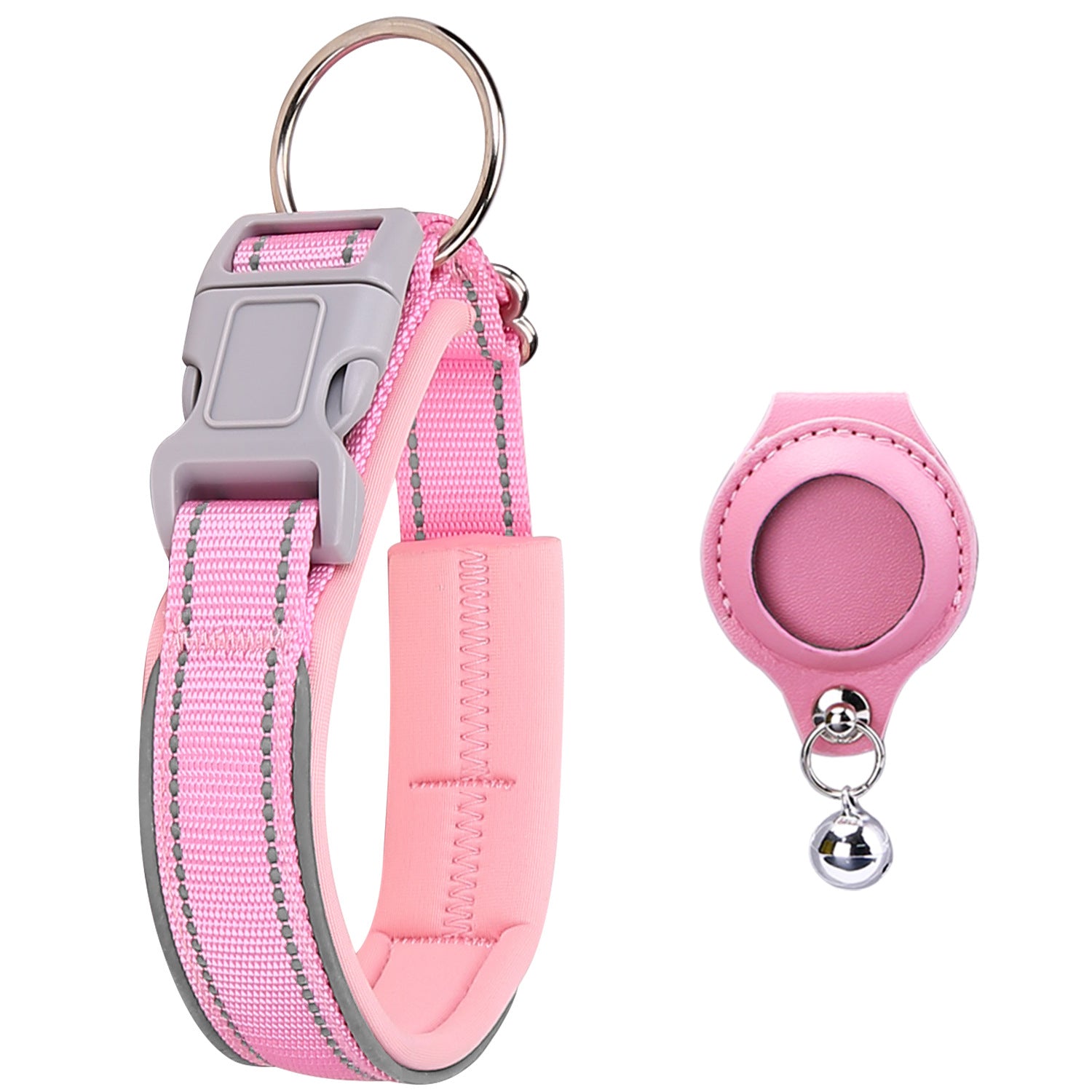 Pink reflective pet collar with one matching AirTag holder; Apple AirTag not included