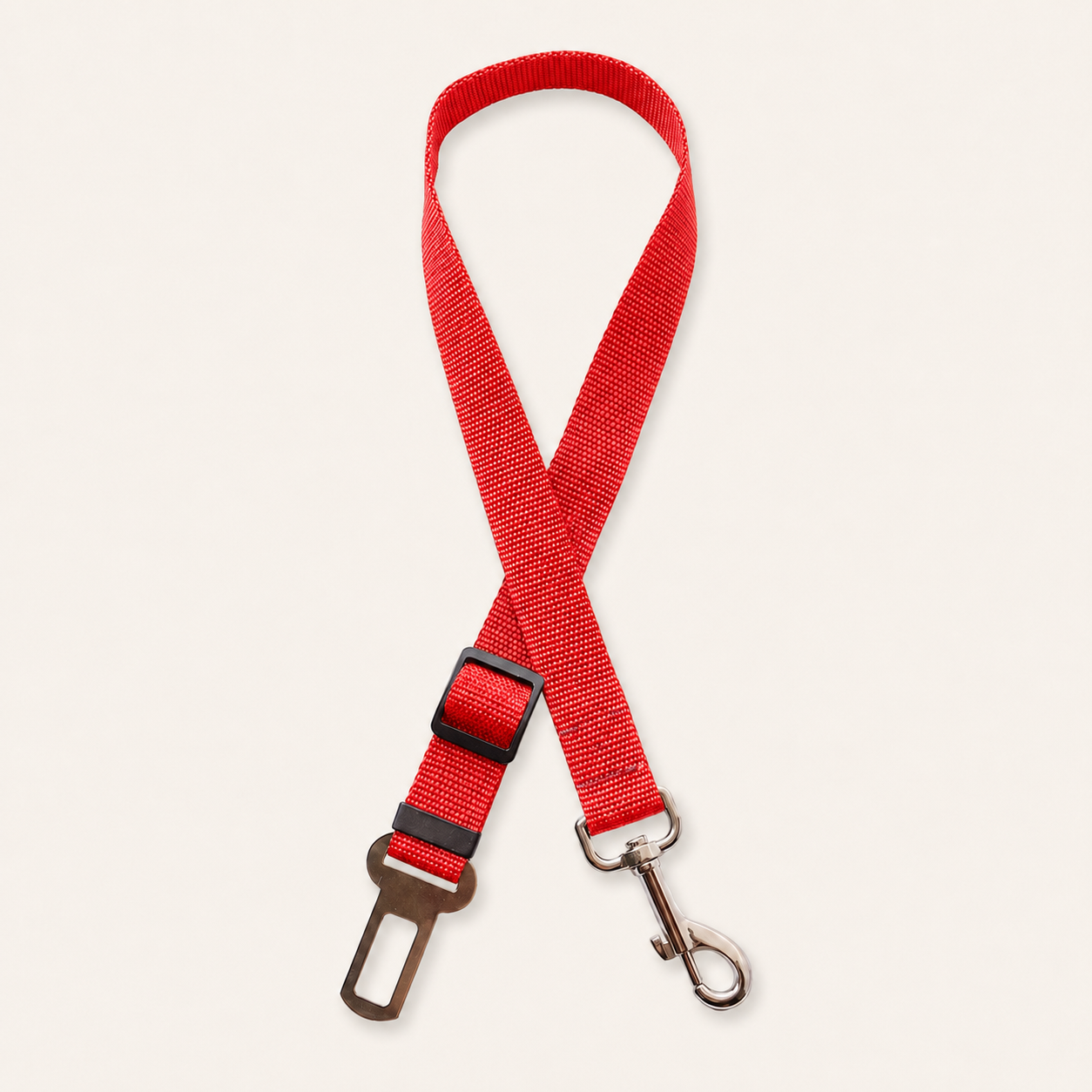 Red adjustable pet car seat belt tether with metal buckle and swivel clip