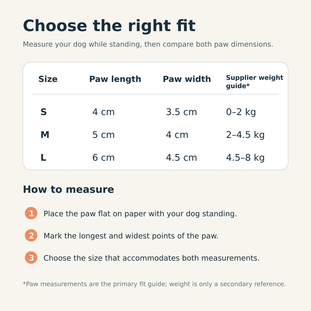 Dog boot size guide S M L with paw length width and supplier weight reference