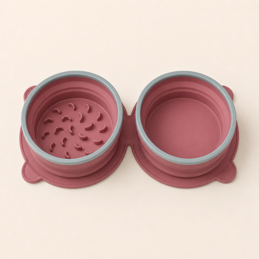 Purplish red foldable double dog bowl with slow-feeder section