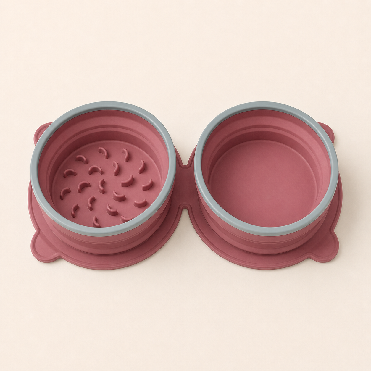 Purplish red foldable double dog bowl with slow-feeder section