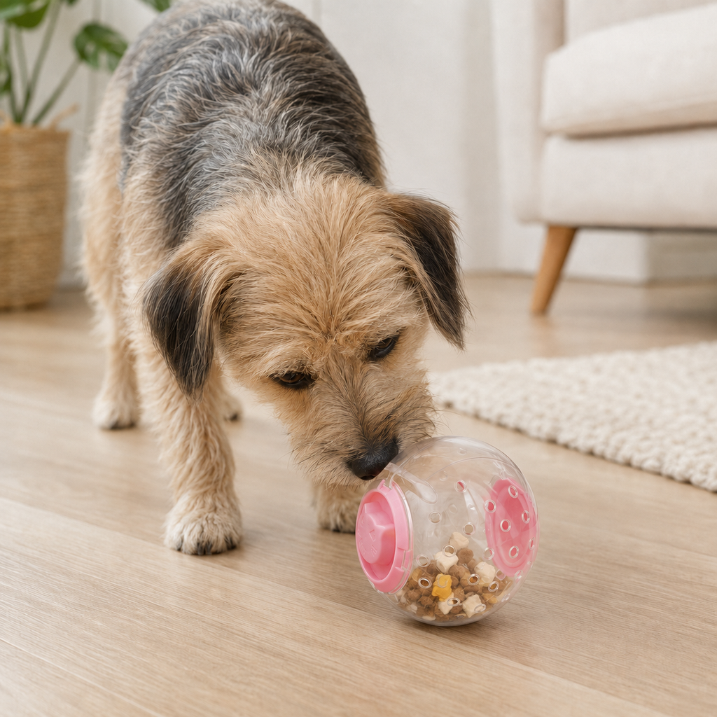 Dog interacting with an interactive pet treat tumbler toy