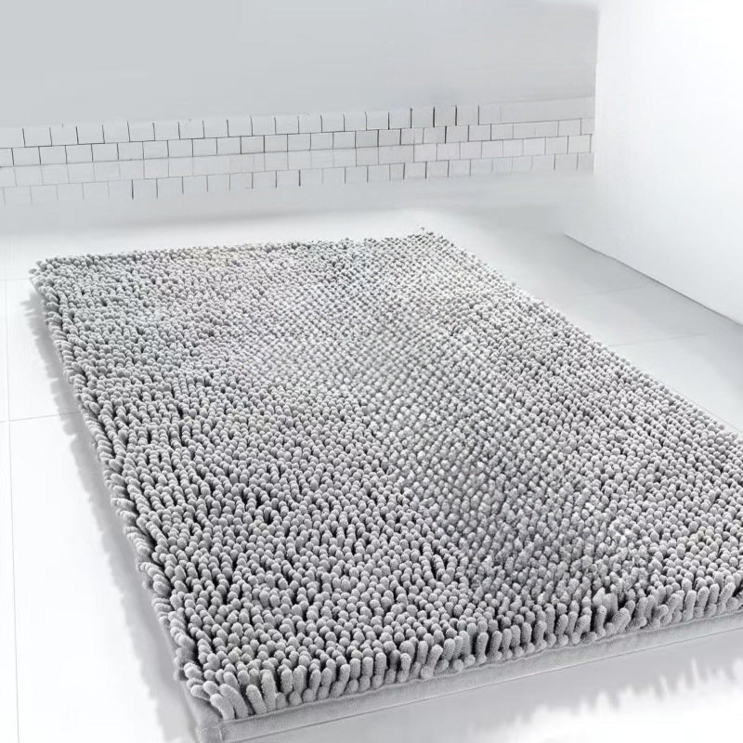Light gray chenille dog door mat with dense absorbent pile