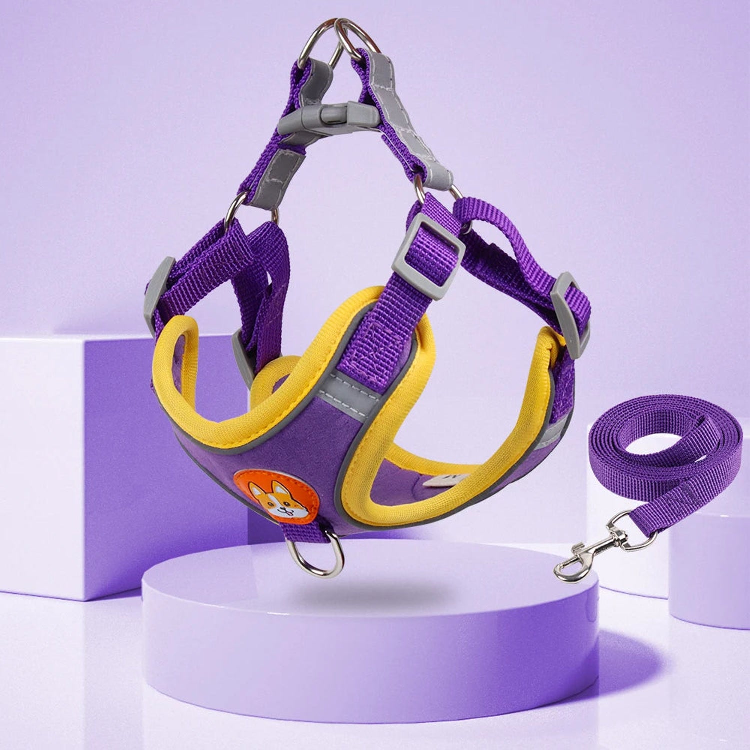 Purple adjustable dog harness and leash set