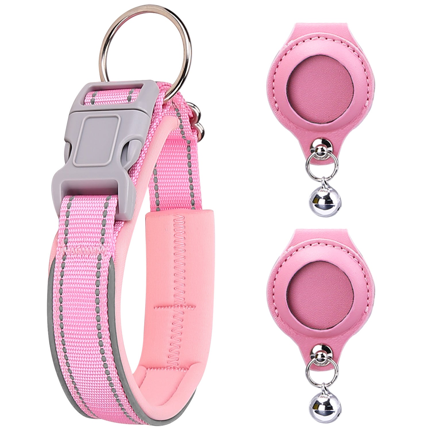 Pink reflective pet collar with two matching AirTag holders; Apple AirTag not included