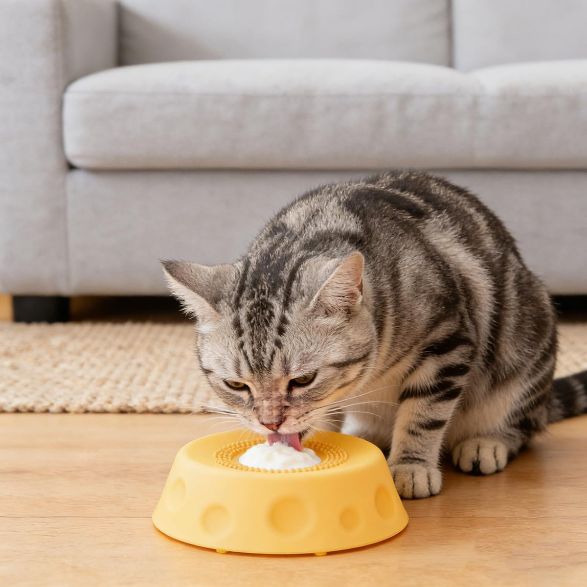 Cat using a yellow rolling-ball lick bowl under supervision