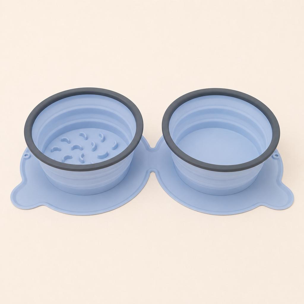 Sky blue foldable double dog bowl with slow-feeder section